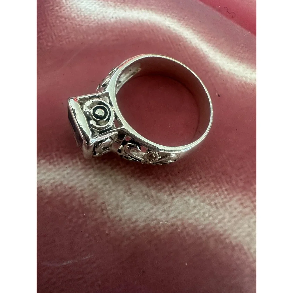 VTG 925 Sterling Silver Amethyst Ring Womens‎ Cushion Bezel Filigree Bali Style